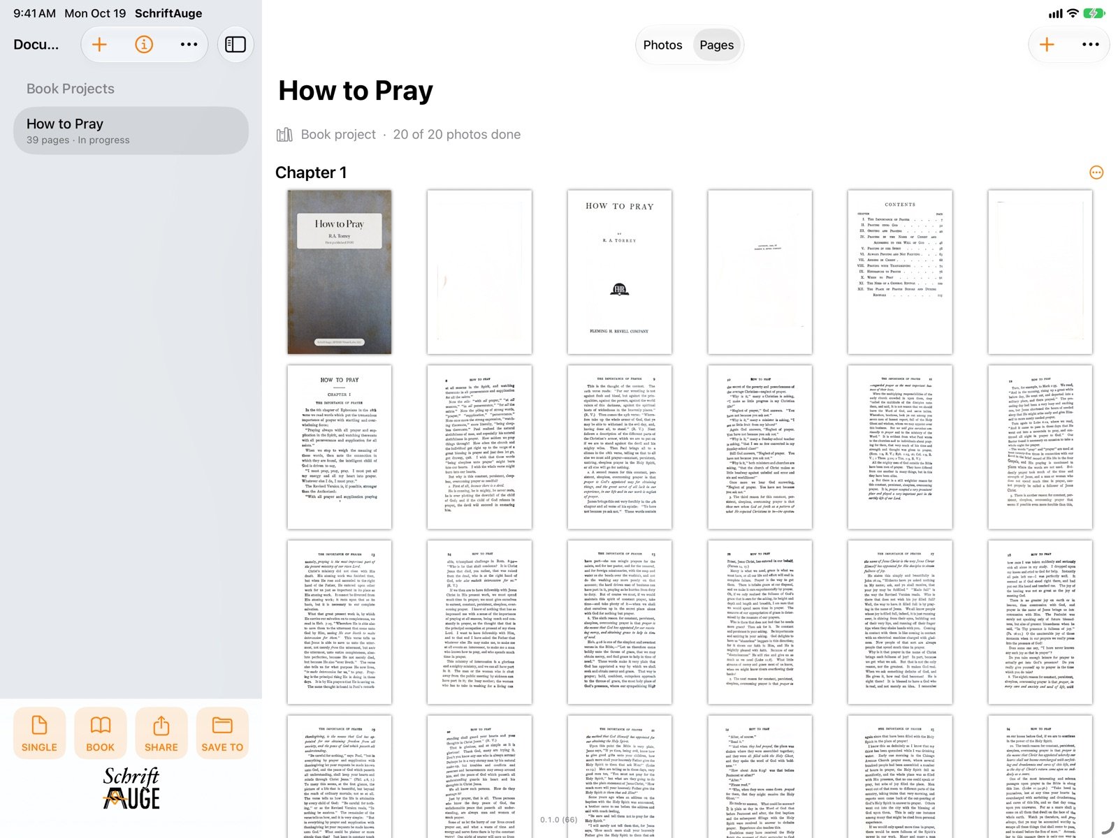 SchriftAuge on iPad: a book's finished pages, side by side