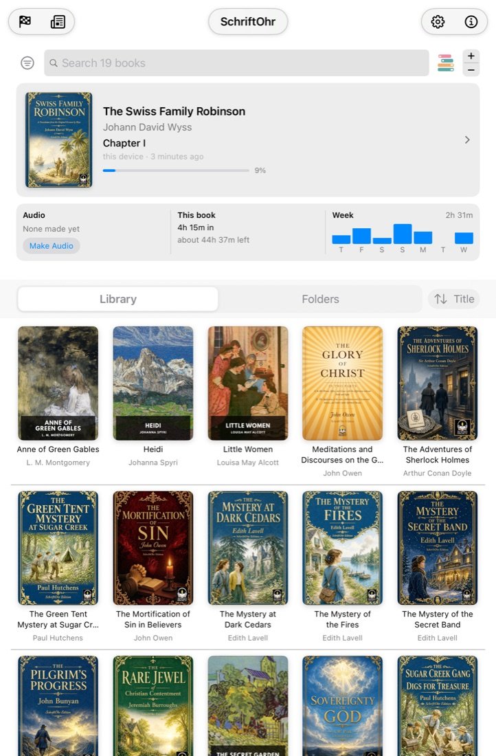 SchriftOhr on iPad mini: the library of SchriftOhr Editions, with the book in progress at the top